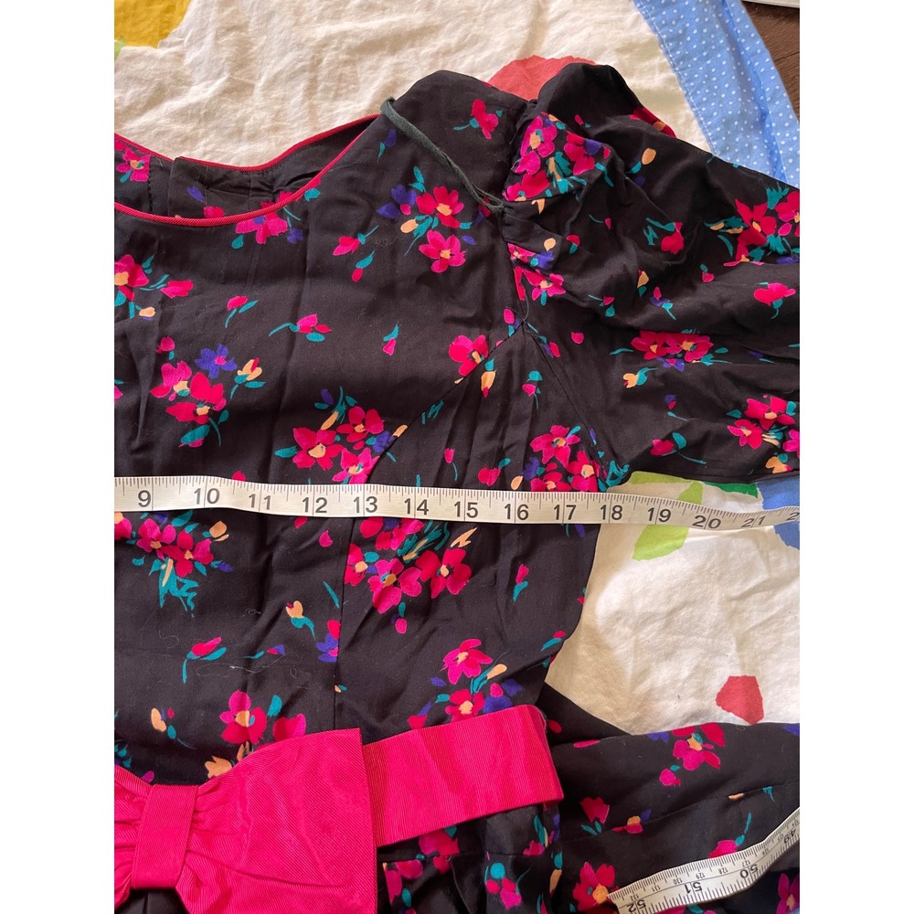 Lanz Originals Vintage Floral Midi Dress Black Fuchsia Bow Puff Sleeve Size 6 - Picture 6 of 8